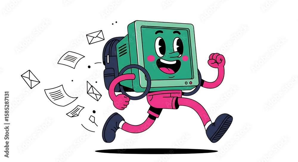 Fototapete Illustration of a cheerful cartoon computer character with a backpack runs fast, with papers and envelopes flying behind isolated on transparent background