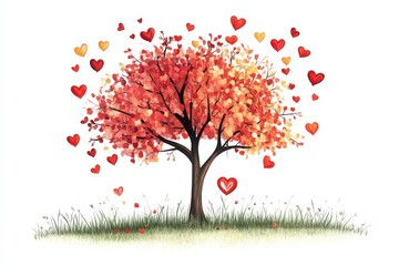 Fototapeta premium Tree of Love Heart Leaves Watercolor Art Romance Affection Valentine s Day on white background. Generative AI