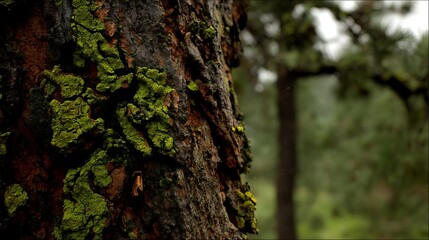 Obraz premium Close Up Green Moss on Textured Tree Bark in Forest