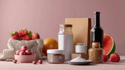 Rustic healthy food ingredients including fruits and oil bottle for natural culinary wellness branding photography background