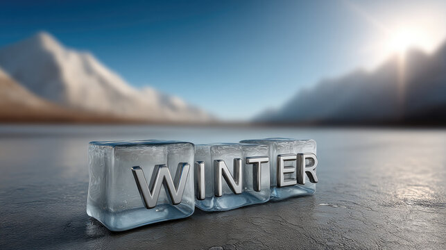 Winter ice block letters on frozen lake with snowy mountain landscape and bright sunlight, cold and serene atmosphere - Powered by Adobe