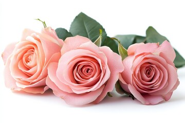 Naklejka premium Three Pink Roses Arrangement Still Life Photography Love Romance Elegant Flowers on white background. Generative AI