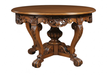 An intricately carved wooden round table with ornate legs and a detailed pedestal base isolated on transparent background