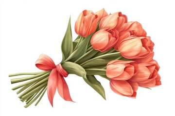 Fototapeta premium Watercolor Coral Tulips Bouquet Ribbon Tie Springtime Bloom Floral Art Delicate on white background. Generative AI