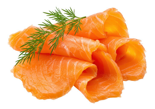Smoked salmon slices with fresh dill garnish, isolated on transparent background