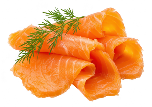 Smoked salmon slices with fresh dill garnish, isolated on transparent background