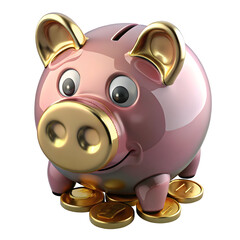 Pink piggy bank with gold accents and coins isolated on a transparent background
