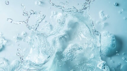 Water splash captured midair on blue background for purity hydration clean liquid drink photography concept