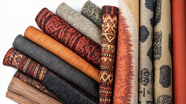 A collection of vibrant fabrics stacked on a white background