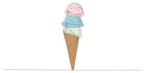 Three Scoops of Ice Cream in Waffle Cone – Hand Drawn Pastel Dessert Illustration on White Background