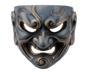 Black and gold Sichuan opera mask with dramatic swirling patterns, fierce expression, traditional Chinese cultural art, theatrical performance, and intricate carved details