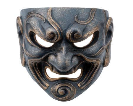 Black and gold Sichuan opera mask with dramatic swirling patterns, fierce expression, traditional Chinese cultural art, theatrical performance, and intricate carved details