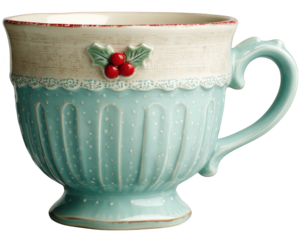 Pastel festive mug with holly berry decoration, vintage ceramic cup, light blue color, textured surface, holiday theme, cheerful and cozy design