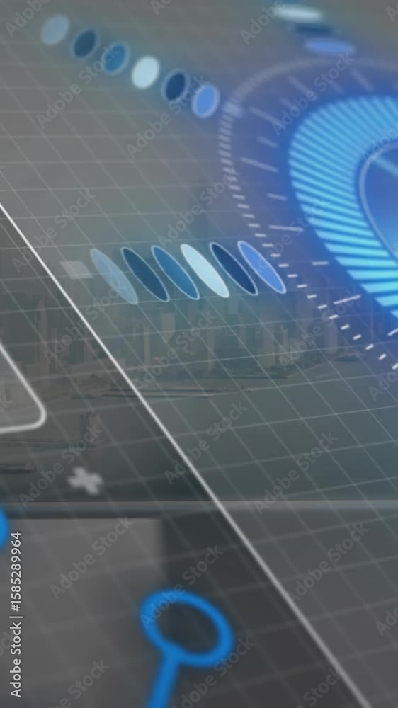 Poster animation of blue circular patterns and data visualization on futuristic interface