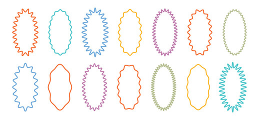 Zig zag wavy edge frame or border shapes set. Jagged geometric oval. Abstract elements for promo material, web template, stickers, or social media design.