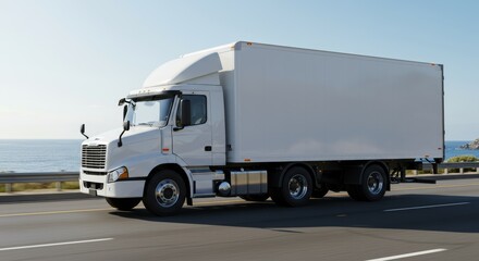 White Box Truck Driving on Coastal Highway