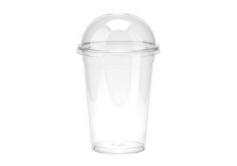 A clear plastic disposable cup with a dome lid, perfect for takeaway drinks, isolated on white isolated on transparent background