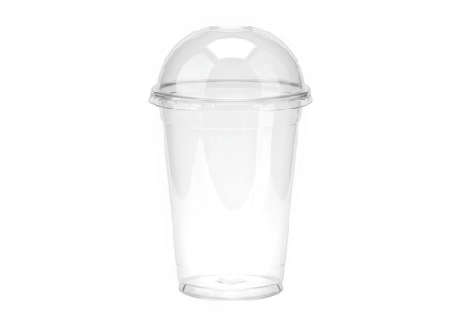 A clear plastic disposable cup with a dome lid, perfect for takeaway drinks, isolated on white isolated on transparent background