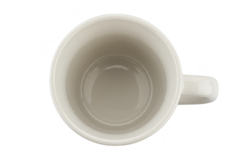 Top view of an empty white ceramic mug with a handle, isolated on a transparent background