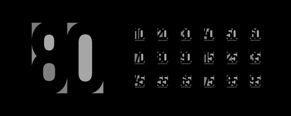 Elegant grayscale jubilee anniversary numbers on black. Sophisticated visual for birthday, celebration, milestone branding, years-based identity. Bold premium minimal layout. Vector illustration