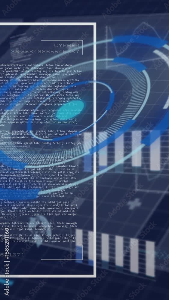 Poster animation of digital data processing with graphs on blue grid background
