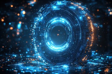 Obraz premium Futuristic glowing holographic blue circular interface in digital space