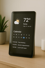 Smart home display showing weather forecast and digital calendar reminders on wooden desk