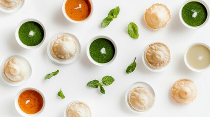 Indian Street Food: A delightful array of small bowls containing a symphony of flavors, complemented by fresh mint leaves, showcases the artistry and freshness of this popular street food.