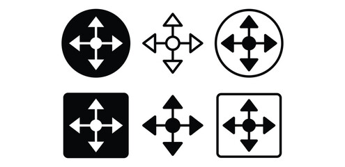 Cursor Drag Icons Featuring Directional Arrows in Varied Round and Square Shapes Vector Design