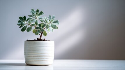 Elegant small plant in a clean white container soft light neutral setting peaceful look