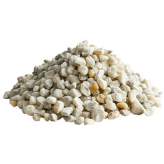 Small light colored stones piled high isolated on a transparent background aggregate beige