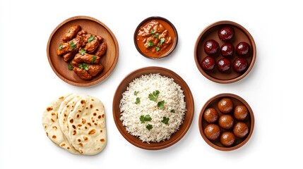 Culinary Symphony: An overhead shot showcases a tantalizing array of traditional Indian dishes arranged harmoniously in rustic wooden bowls, inviting a feast for the senses.