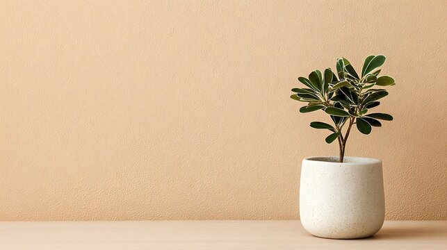 Smooth white pot with organic plant texture warm pastel background calm tone