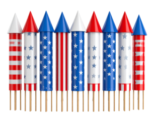 Group of 4th of July Firework Rockets, Unlit, Festive Design, Isolated on White