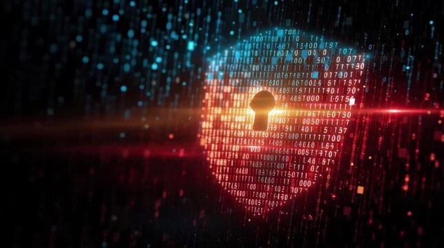 Cybersecurity Concept Featuring Shield with Digital Lock and Hacker Silhouette over Binary Code Background with Abstract Tech Elements in Clean Modern Flat Vector Design with Bright Colors

