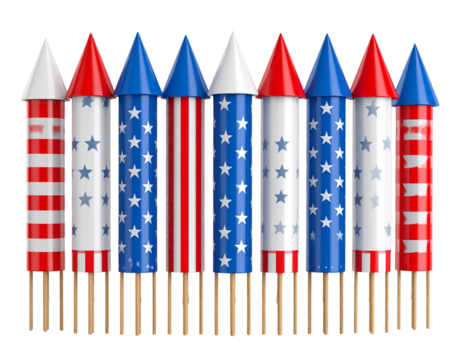 Group of 4th of July Firework Rockets, Unlit, Festive Design, Isolated on White