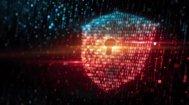Cybersecurity Concept Featuring Shield with Digital Lock and Hacker Silhouette over Binary Code Background with Abstract Tech Elements in Clean Modern Flat Vector Design with Bright Colors

