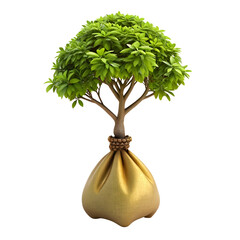 Lush green tree growing from golden money bag isolated on a transparent background