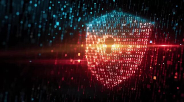 Cybersecurity Concept Featuring Shield with Digital Lock and Hacker Silhouette over Binary Code Background with Abstract Tech Elements in Clean Modern Flat Vector Design with Bright Colors

