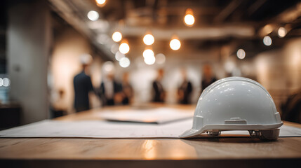 a construction supervisor reviewing blueprints at a modern job site hard hat placed on sleek conference table team meeting in soft focus background warm industrial lighting
