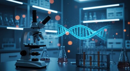 Advanced scientific laboratory equipment and holographic dna helix visualization for groundbreaking biological research and discovery