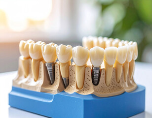 Close examination of dental prosthetics showcasing crowns and bridges on a model jaw with intricate details and precision craftsmanship
