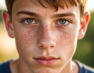 Close-up of a worried teen boy's face with freckles and visible acne illuminated by natural light