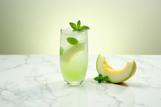 Refreshing melon drink with mint leaves in a tall glass  