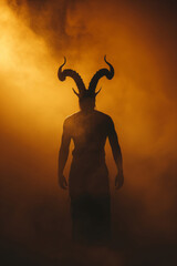 Man in horned costume in dense fog. Person obscured by mist. Horror or Halloween concept. Backlit scene with dark shadowy figure.