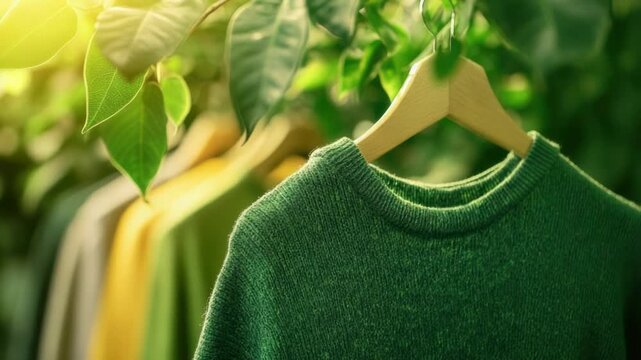 A row of green sweaters hangs from a tree, perfect for a rustic or vintage-themed setting