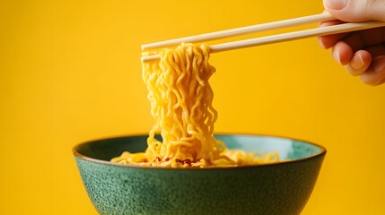 Noodles lifted with chopsticks from a bowl.