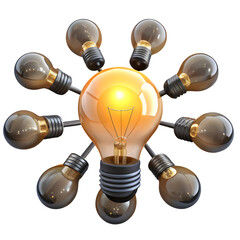 Glowing light bulbs radiating ideas isolated on a transparent background