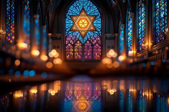 walking in a majestic synagogue with star of david decoration