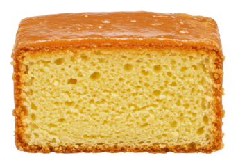 A closeup view of a delicious slice of pound cake with a glossy glaze, isolated on a transparent background